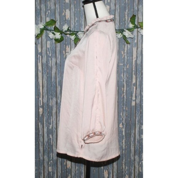 Democracy Pink Blouse Top Size S Embroidered Peek a Boo Long Sleeve Ruffle Colla - Picture 5 of 9